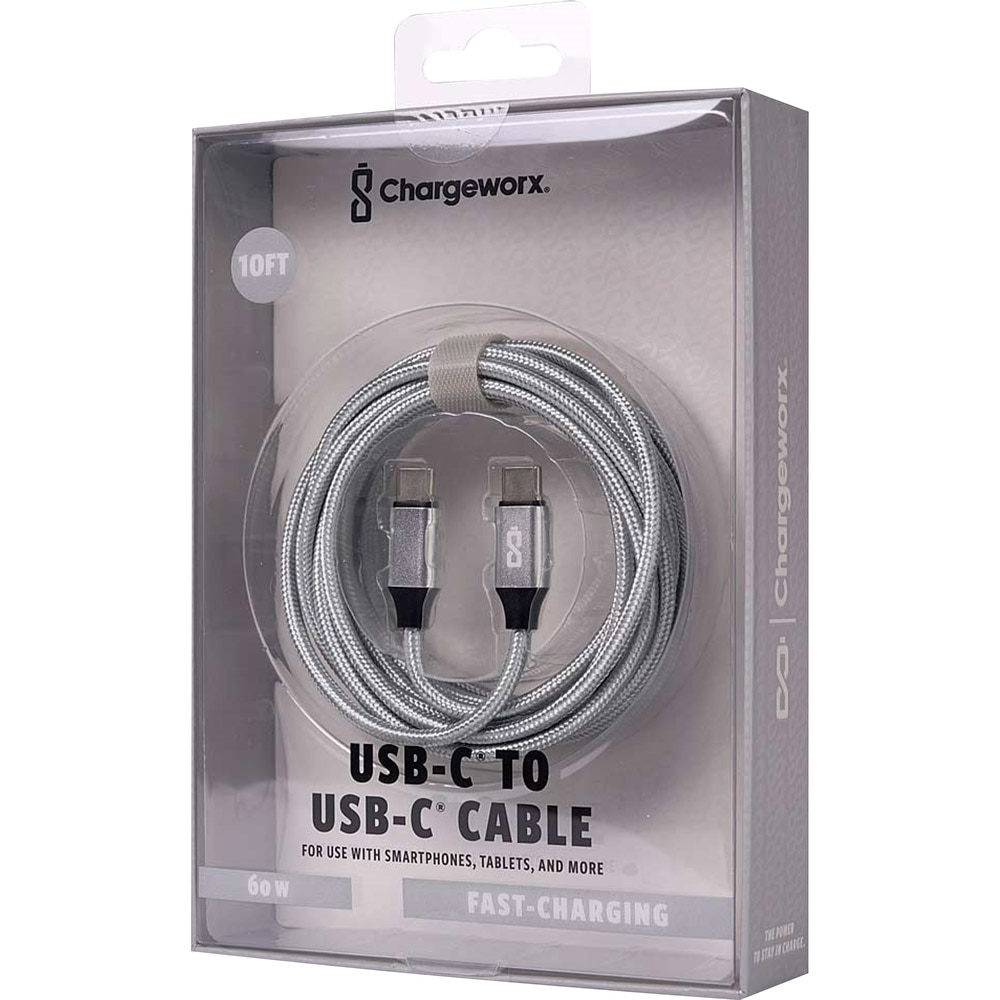 Power Cable, Tech, Chargeworx, Nylon, Tuff, 60 watt, 10', USB-C to USB-C, 988432, Silver